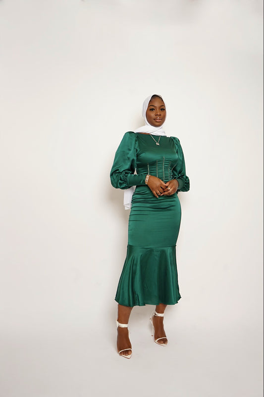 'Salma' Green Satin Dress